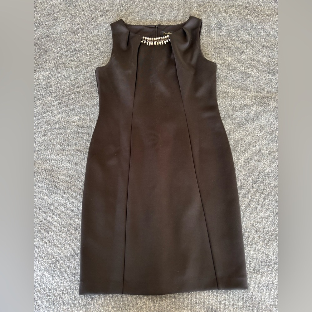 Jessica Simpson Black Midi Sheath Dress with Rhinestone Neckline